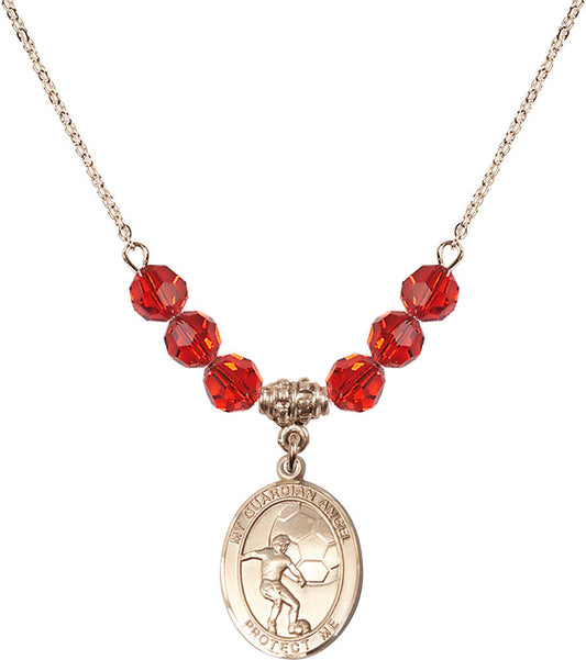 14kt Gold Filled Guardian Angel/Soccer Birthstone Necklace with Ruby Beads - 8703