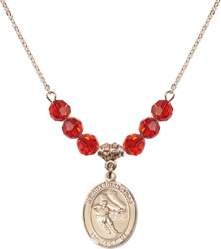 14kt Gold Filled Guardian Angel/Hockey Birthstone Necklace with Ruby Beads - 8704