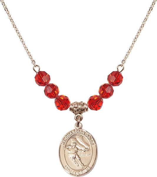 14kt Gold Filled Guardian Angel/Hockey Birthstone Necklace with Ruby Beads - 8704