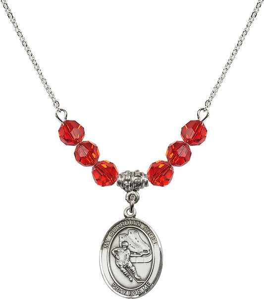 Sterling Silver Guardian Angel/Hockey Birthstone Necklace with Ruby Beads - 8704