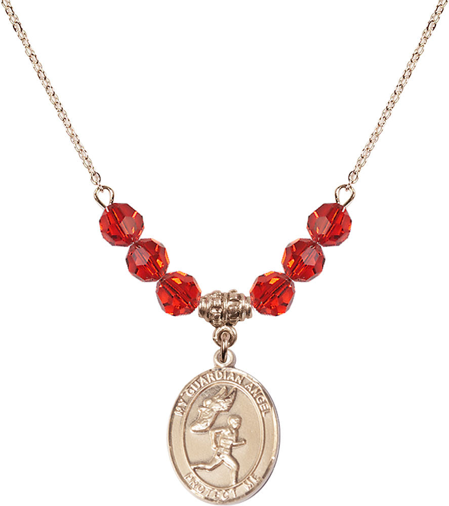 14kt Gold Filled Guardian Angel/Track&Field-Men Birthstone Necklace with Ruby Beads - 8709