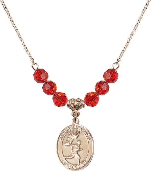 14kt Gold Filled Guardian Angel/Track&Field-Men Birthstone Necklace with Ruby Beads - 8709