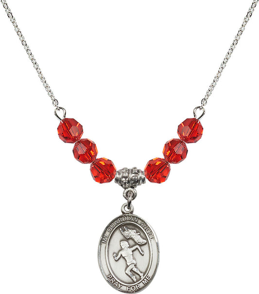 Sterling Silver Guardian Angel/Track&Field-Women Birthstone Necklace with Ruby Beads - 8710