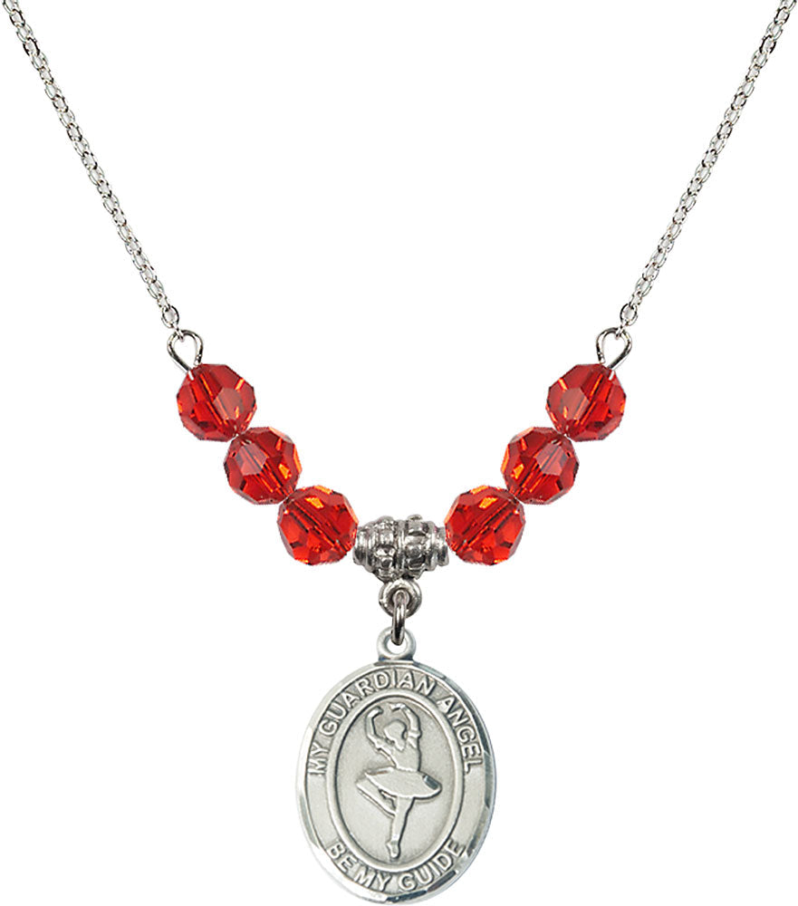 Sterling Silver Guardian Angel/Dance Birthstone Necklace with Ruby Beads - 8712