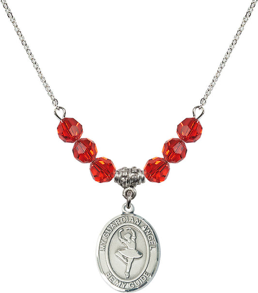 Sterling Silver Guardian Angel/Dance Birthstone Necklace with Ruby Beads - 8712