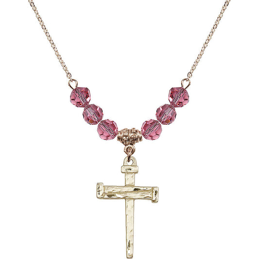 14kt Gold Filled Nail Cross Birthstone Necklace with Rose Beads - 0013