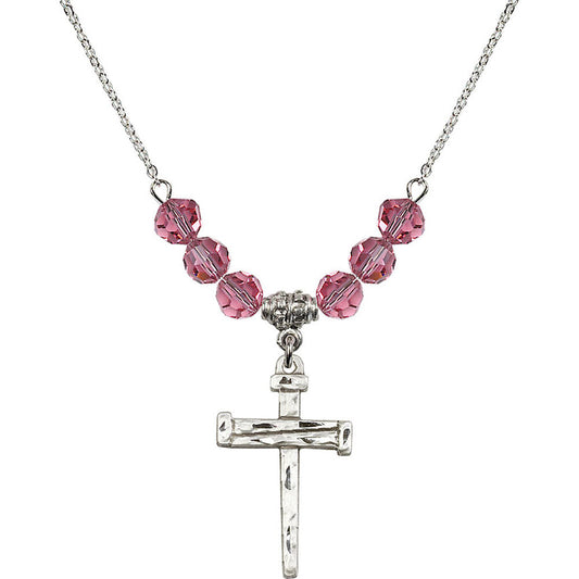 Sterling Silver Nail Cross Birthstone Necklace with Rose Beads - 0013