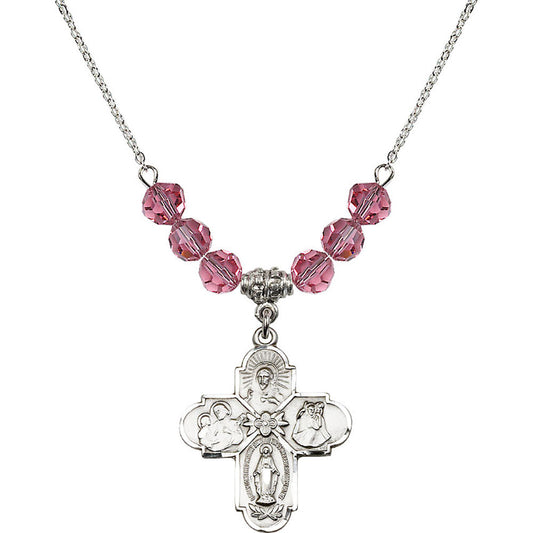 Sterling Silver 4-Way Birthstone Necklace with Rose Beads - 0043