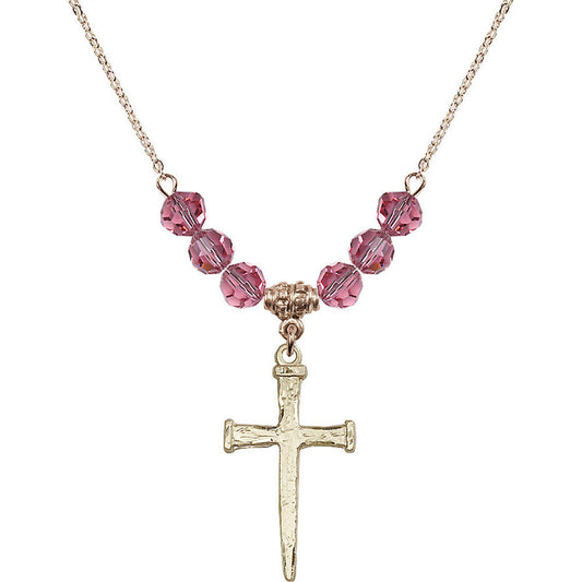 14kt Gold Filled Nail Cross Birthstone Necklace with Rose Beads - 0085