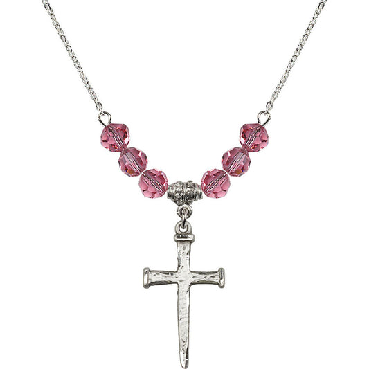 Sterling Silver Nail Cross Birthstone Necklace with Rose Beads - 0085
