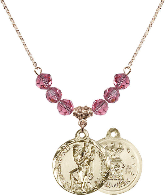 14kt Gold Filled Saint Christopher / Air Force Birthstone Necklace with Rose Beads - 0192