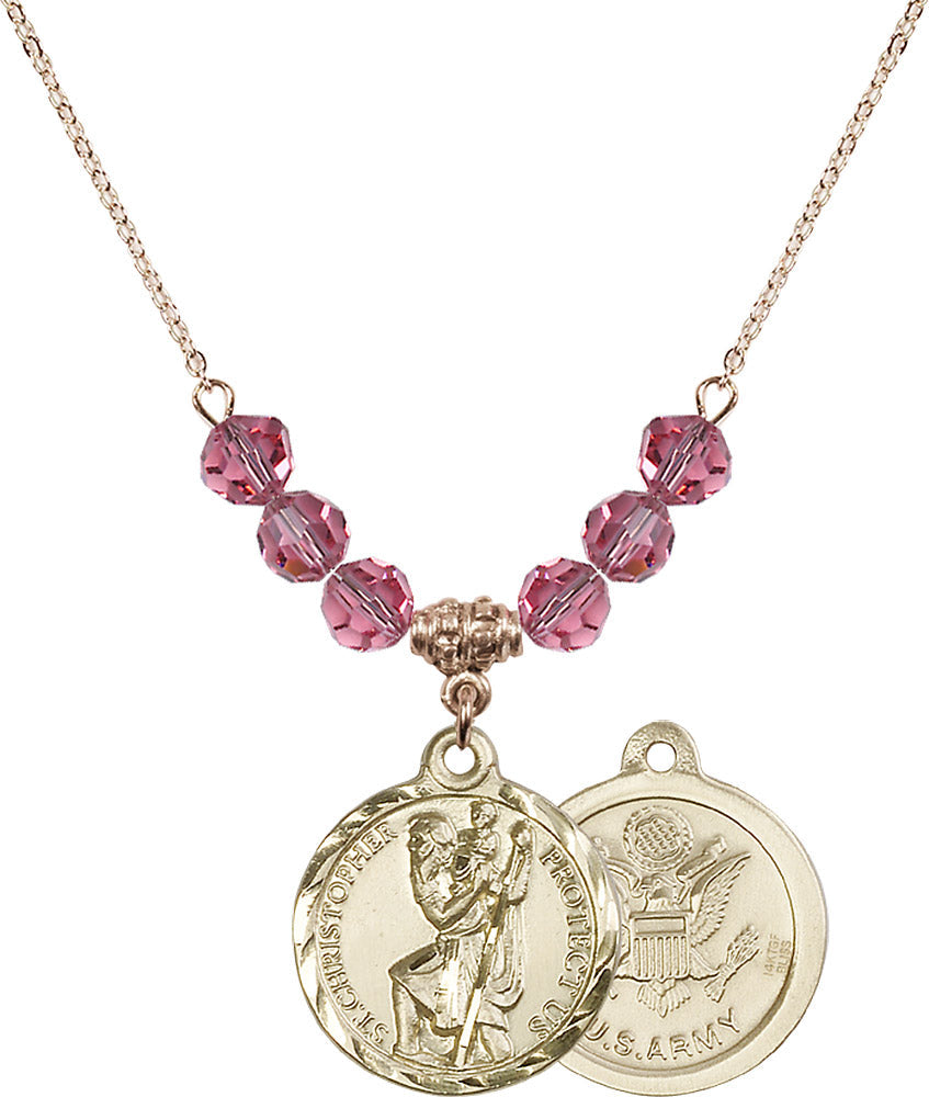 14kt Gold Filled Saint Christopher / Army Birthstone Necklace with Rose Beads - 0192