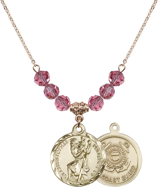 14kt Gold Filled Saint Christopher / Coast Guard Birthstone Necklace with Rose Beads - 0192