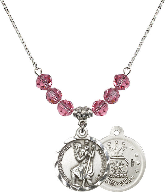Sterling Silver Saint Christopher / Air Force Birthstone Necklace with Rose Beads - 0192