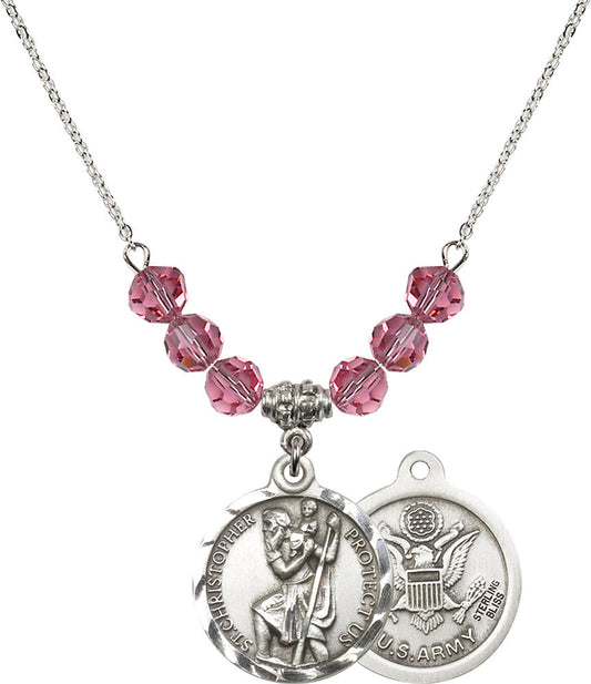 Sterling Silver Saint Christopher / Army Birthstone Necklace with Rose Beads - 0192