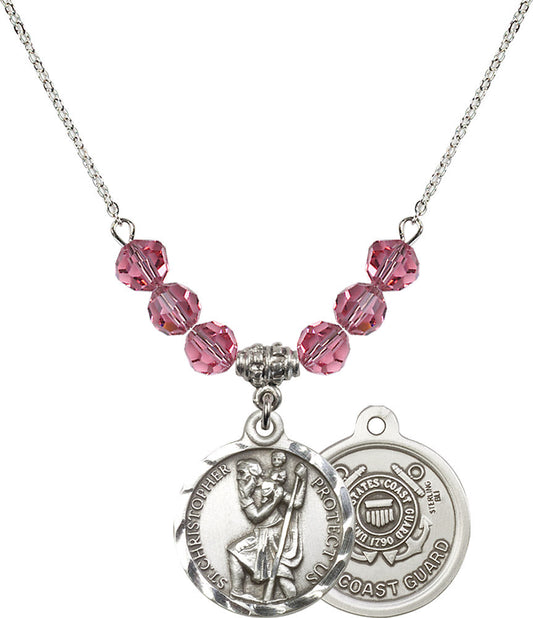 Sterling Silver Saint Christopher / Coast Guard Birthstone Necklace with Rose Beads - 0192