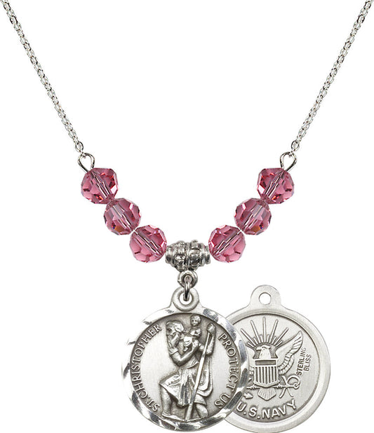 Sterling Silver Saint Christopher / Navy Birthstone Necklace with Rose Beads - 0192