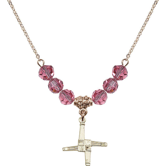 14kt Gold Filled Saint Brigid Cross Birthstone Necklace with Rose Beads - 0290