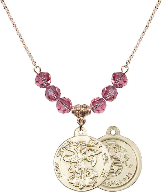 14kt Gold Filled Saint Michael / Marines Birthstone Necklace with Rose Beads - 0342