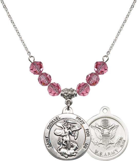 Sterling Silver Saint Michael / Army Birthstone Necklace with Rose Beads - 0342