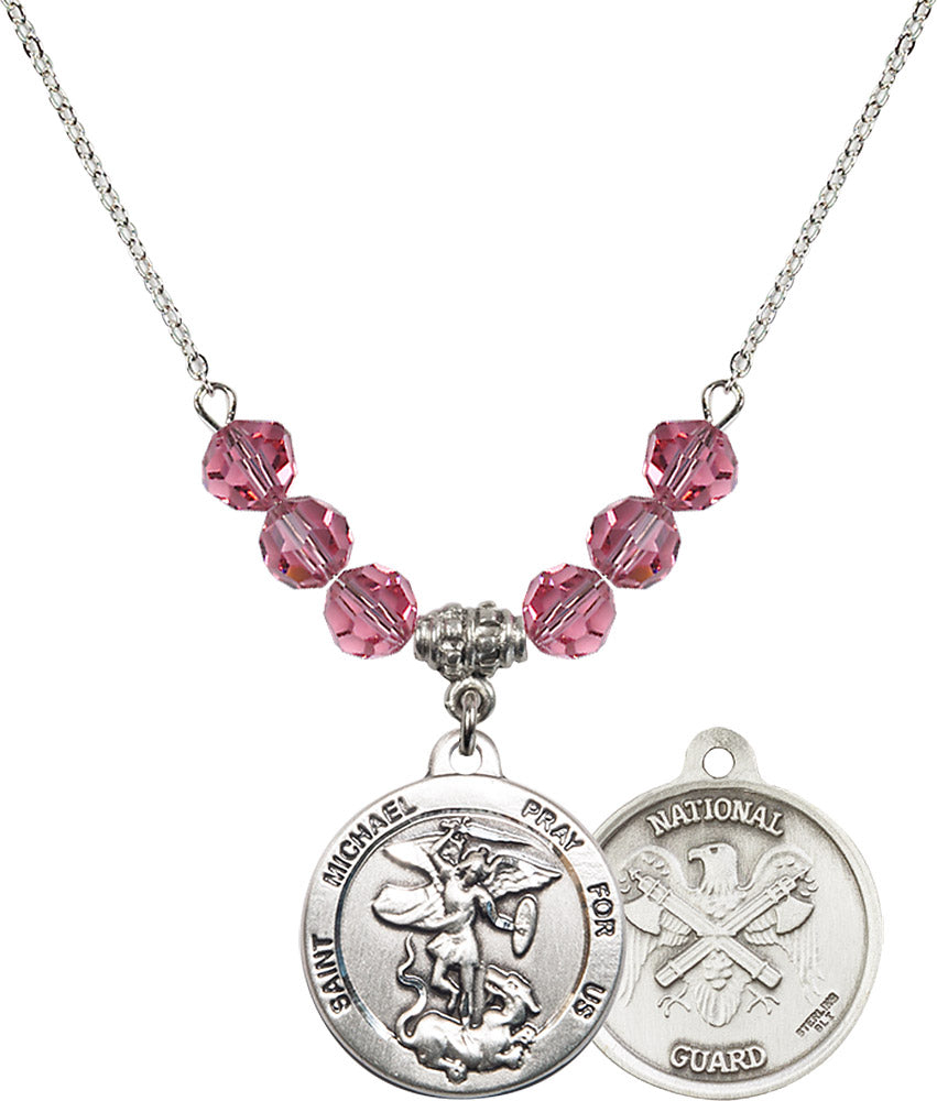 Sterling Silver Saint Michael / Nat'l Guard Birthstone Necklace with Rose Beads - 0342