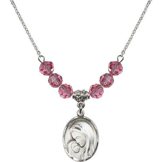 Sterling Silver Madonna & Child Birthstone Necklace with Rose Beads - 0447