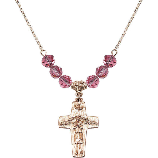 14kt Gold Filled Papal Crucifix Birthstone Necklace with Rose Beads - 0569