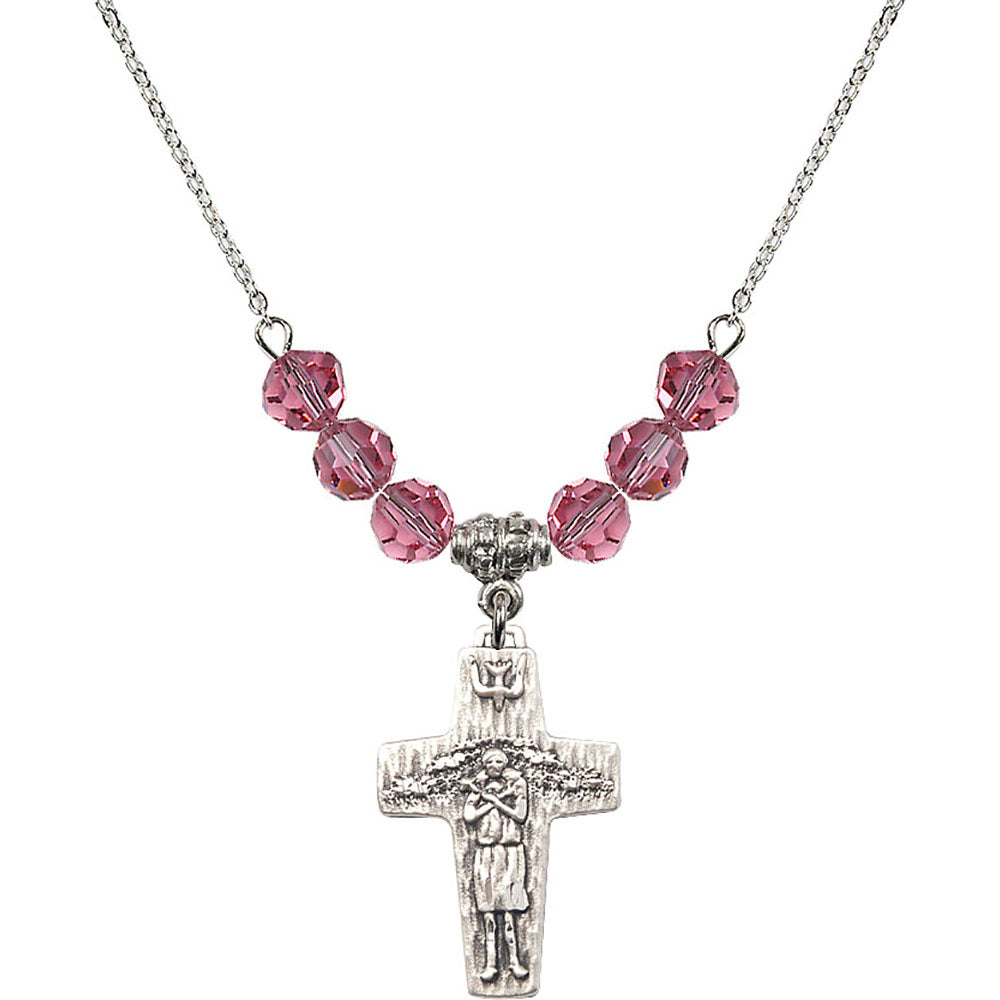 Sterling Silver Papal Crucifix Birthstone Necklace with Rose Beads - 0569