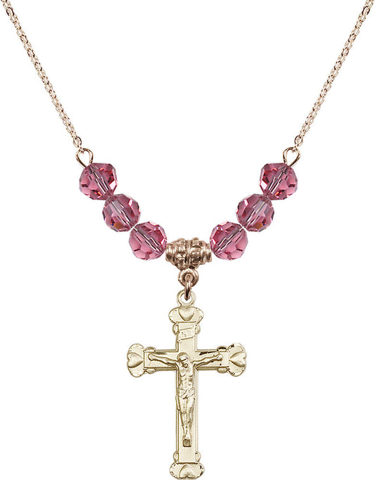14kt Gold Filled Crucifix Birthstone Necklace with Rose Beads - 0620