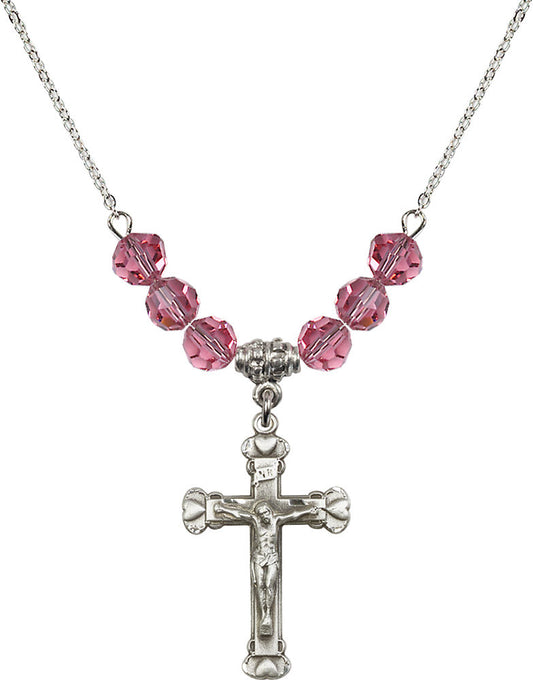Sterling Silver Crucifix Birthstone Necklace with Rose Beads - 0620