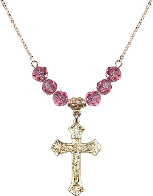 14kt Gold Filled Crucifix Birthstone Necklace with Rose Beads - 0622