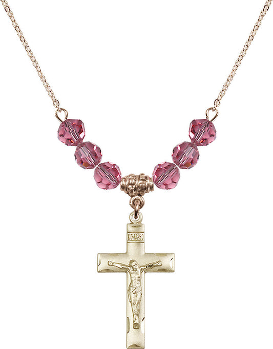 14kt Gold Filled Crucifix Birthstone Necklace with Rose Beads - 0624