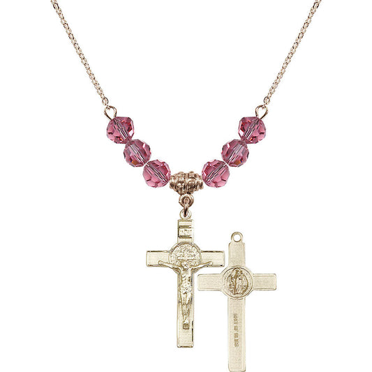 14kt Gold Filled Saint Benedict Crucifix Birthstone Necklace with Rose Beads - 0625