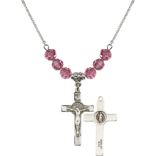 Sterling Silver Saint Benedict Crucifix Birthstone Necklace with Rose Beads - 0625