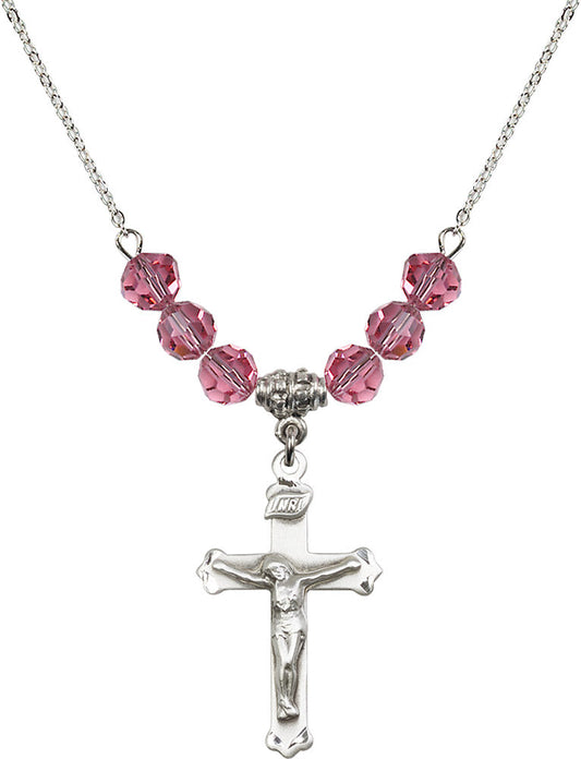 Sterling Silver Crucifix Birthstone Necklace with Rose Beads - 0651