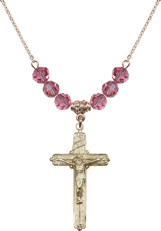 14kt Gold Filled Crucifix Birthstone Necklace with Rose Beads - 0655