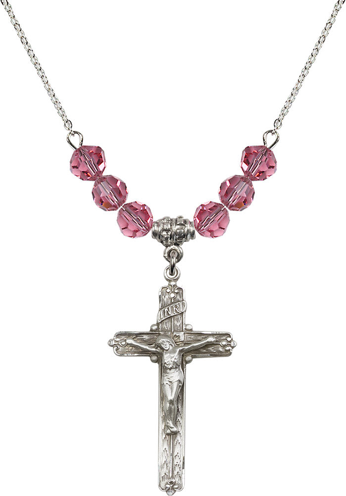 Sterling Silver Crucifix Birthstone Necklace with Rose Beads - 0655