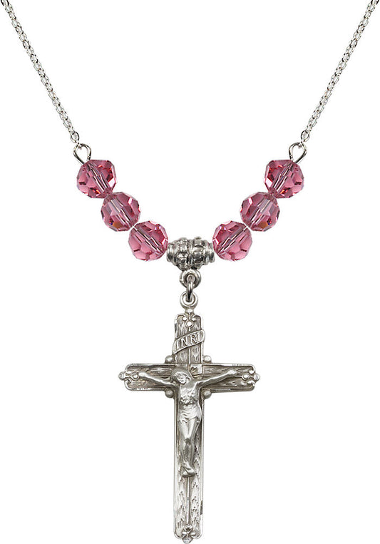 Sterling Silver Crucifix Birthstone Necklace with Rose Beads - 0655