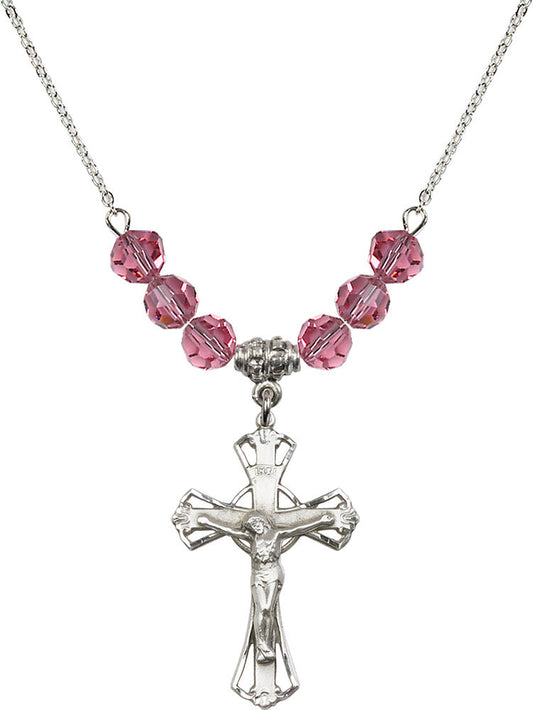 Sterling Silver Crucifix Birthstone Necklace with Rose Beads - 0659