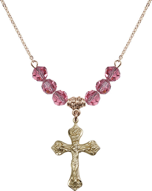14kt Gold Filled Crucifix Birthstone Necklace with Rose Beads - 0662