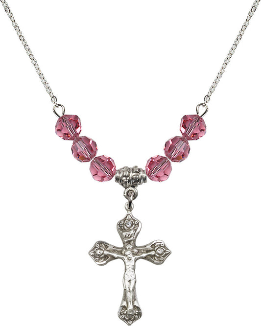 Sterling Silver Crucifix Birthstone Necklace with Rose Beads - 0662