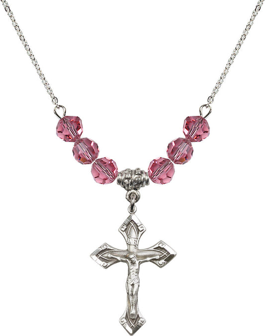 Sterling Silver Crucifix Birthstone Necklace with Rose Beads - 0663