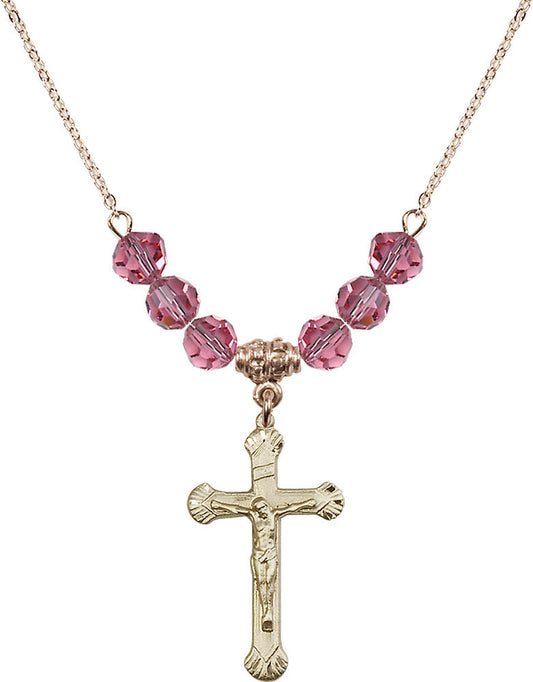 14kt Gold Filled Crucifix Birthstone Necklace with Rose Beads - 0664