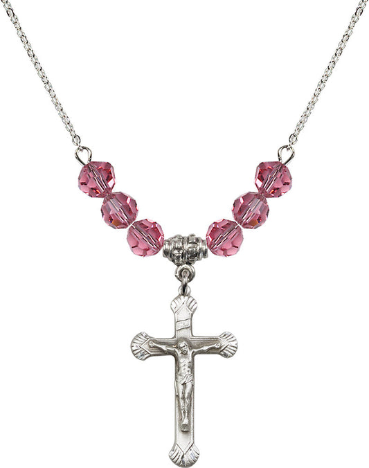 Sterling Silver Crucifix Birthstone Necklace with Rose Beads - 0664