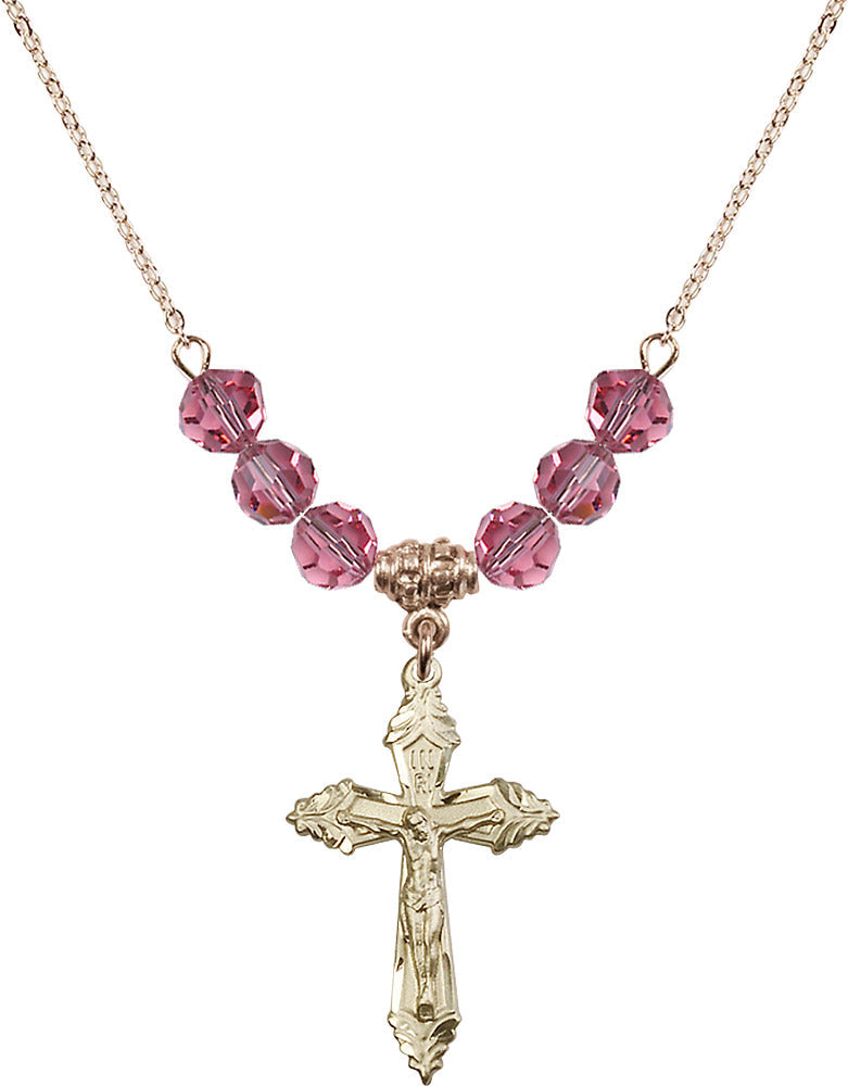 14kt Gold Filled Crucifix Birthstone Necklace with Rose Beads - 0665