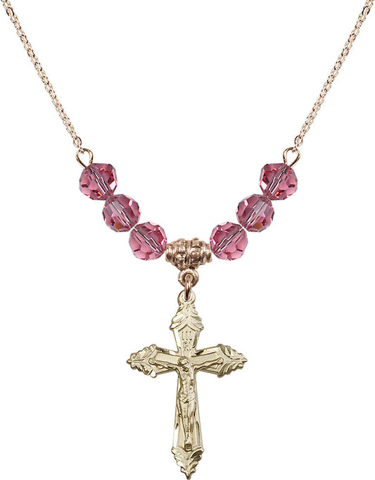 14kt Gold Filled Crucifix Birthstone Necklace with Rose Beads - 0665