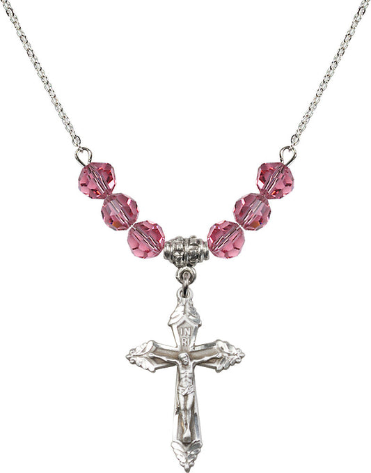 Sterling Silver Crucifix Birthstone Necklace with Rose Beads - 0665