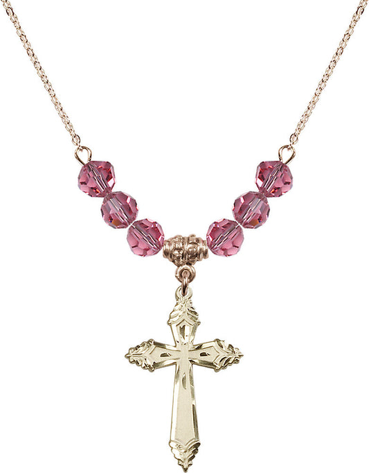 14kt Gold Filled Cross Birthstone Necklace with Rose Beads - 0665