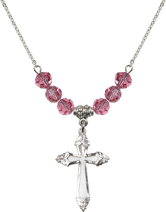 Sterling Silver Cross Birthstone Necklace with Rose Beads - 0665