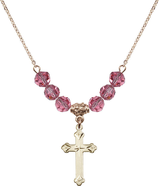 14kt Gold Filled Cross Birthstone Necklace with Rose Beads - 0667